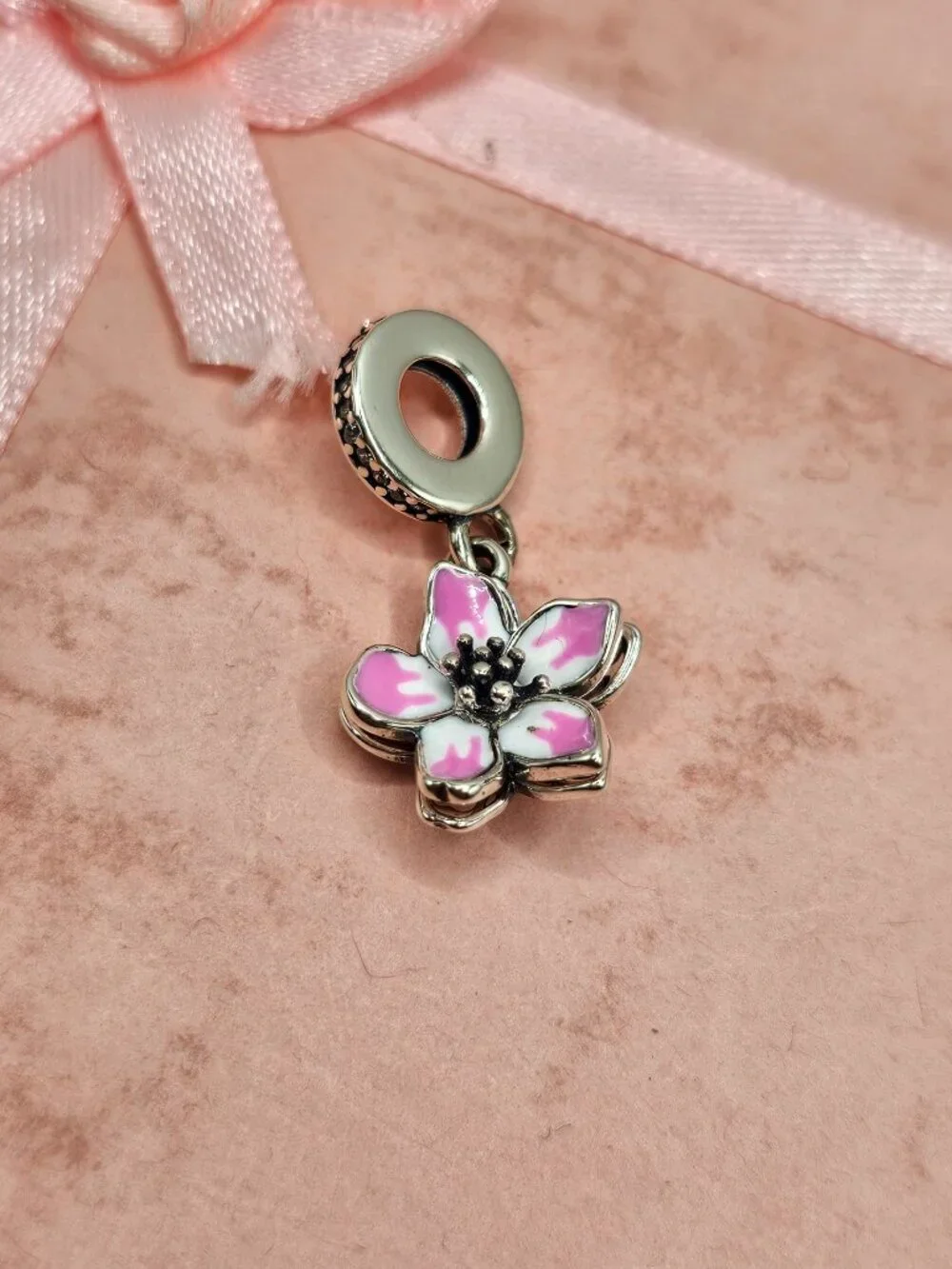 Sterling Silver 925 Rhodium Plated CZ Dangling Cherry Blossom Charm